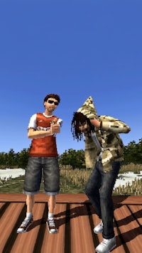 two people standing on a dock in a video game