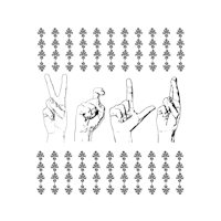 a black and white image of hands making a peace sign